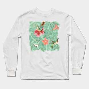 Hummingbird Hibiscus Butterflies Green leaves Vector Image Long Sleeve T-Shirt